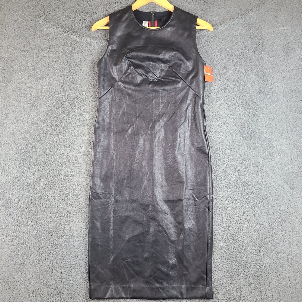 Spanx Faux Leather Sheath Dress Luxe Black Sleeveless Midi 20392R Womens Small